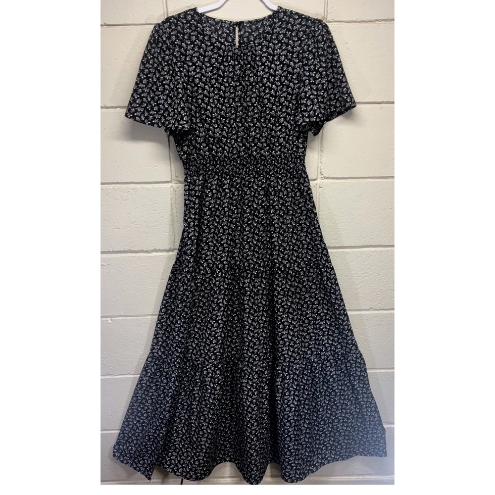 Whimsical Cottage Floral Midi Dress Womens Large Smocked Tiered Flutter Boho